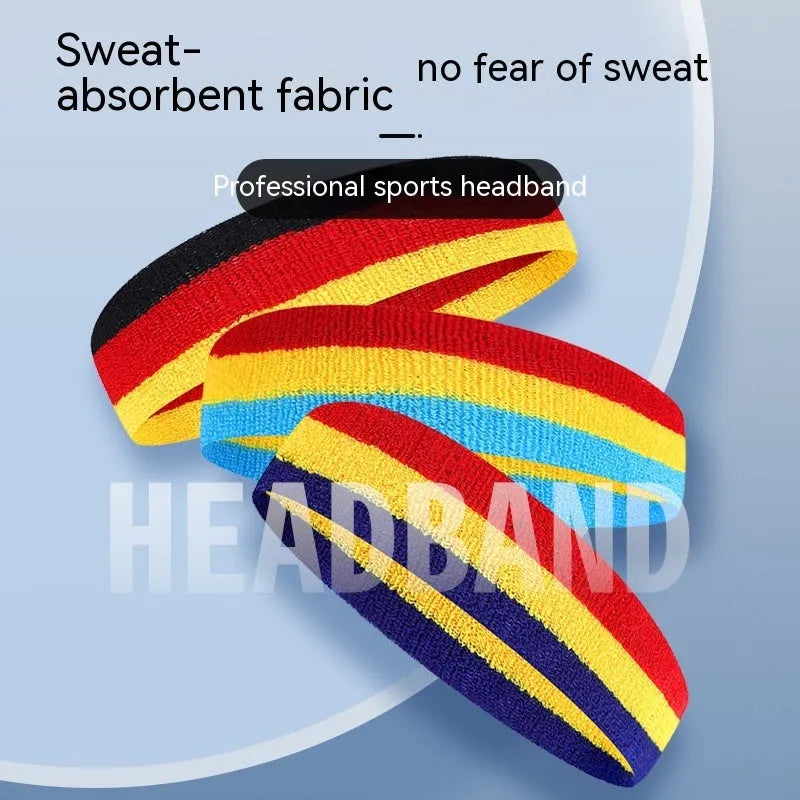 Multi-colour sports headband for adults shown in red, yellow and blue, with a size scale indicating 5.5 cm width.
