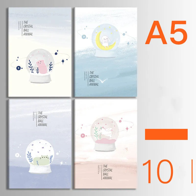 Bundle of ten soft-cover kraft paper notebooks with thread binding in various animal and nature designs.