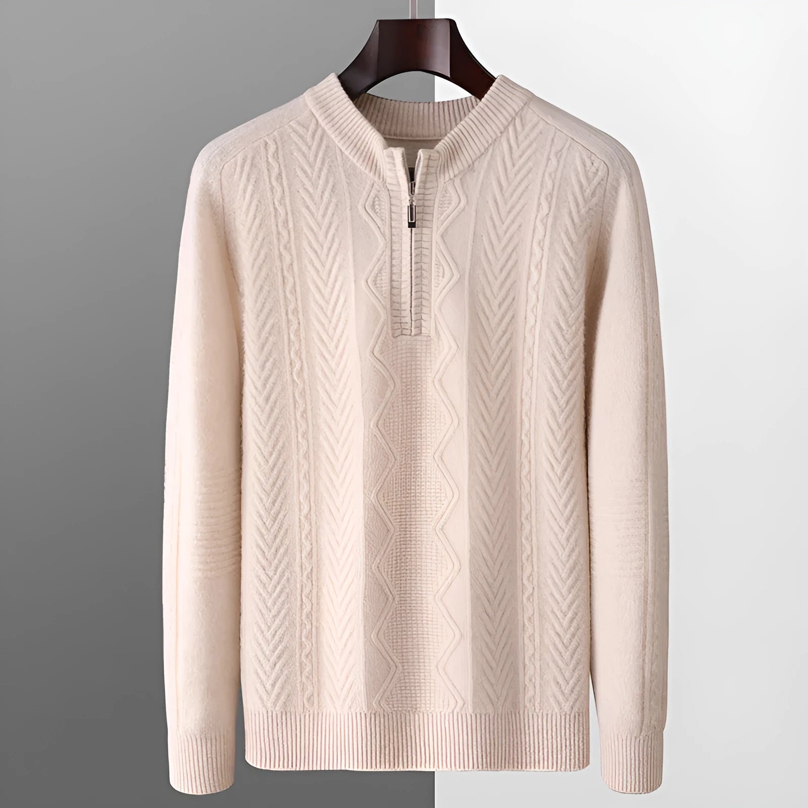 Men's grey pure wool half-zip sweater with diamond lattice pattern, loose fit, long sleeves.