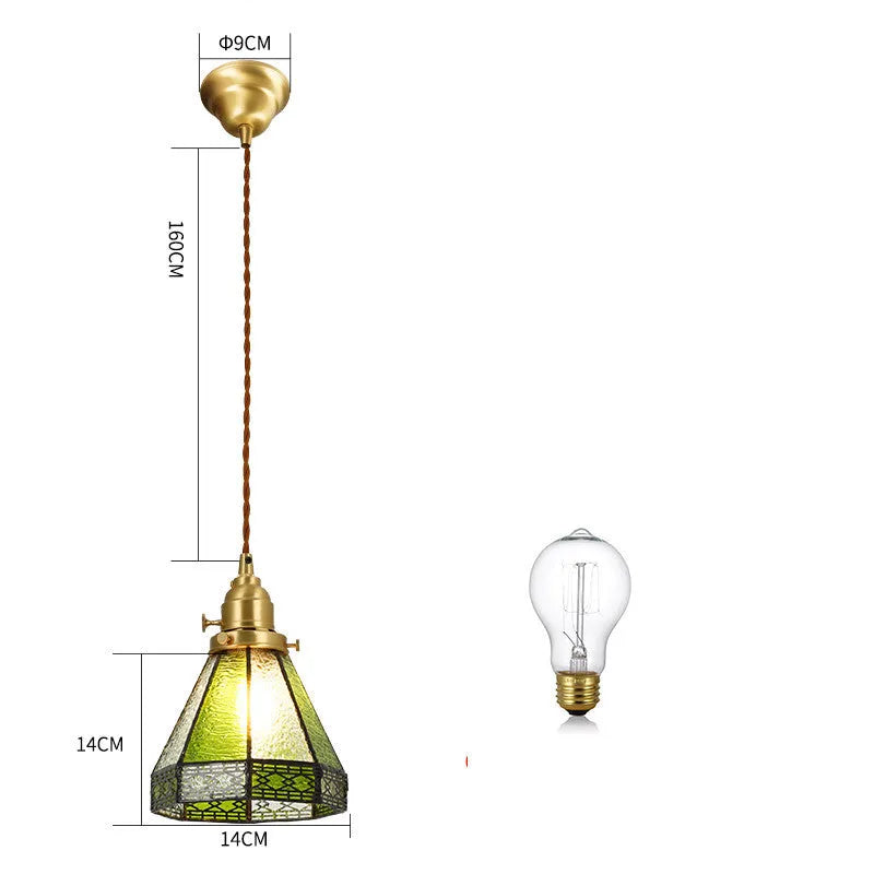 Retro brass and hand-blown glass chandelier with a hemp rope light line hanging from a ceiling.