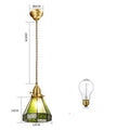Retro brass and hand-blown glass chandelier with a hemp rope light line hanging from a ceiling.