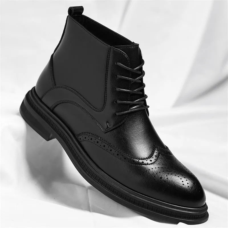 Men's leather Martin boots in black solid colour, side view, on neutral background.