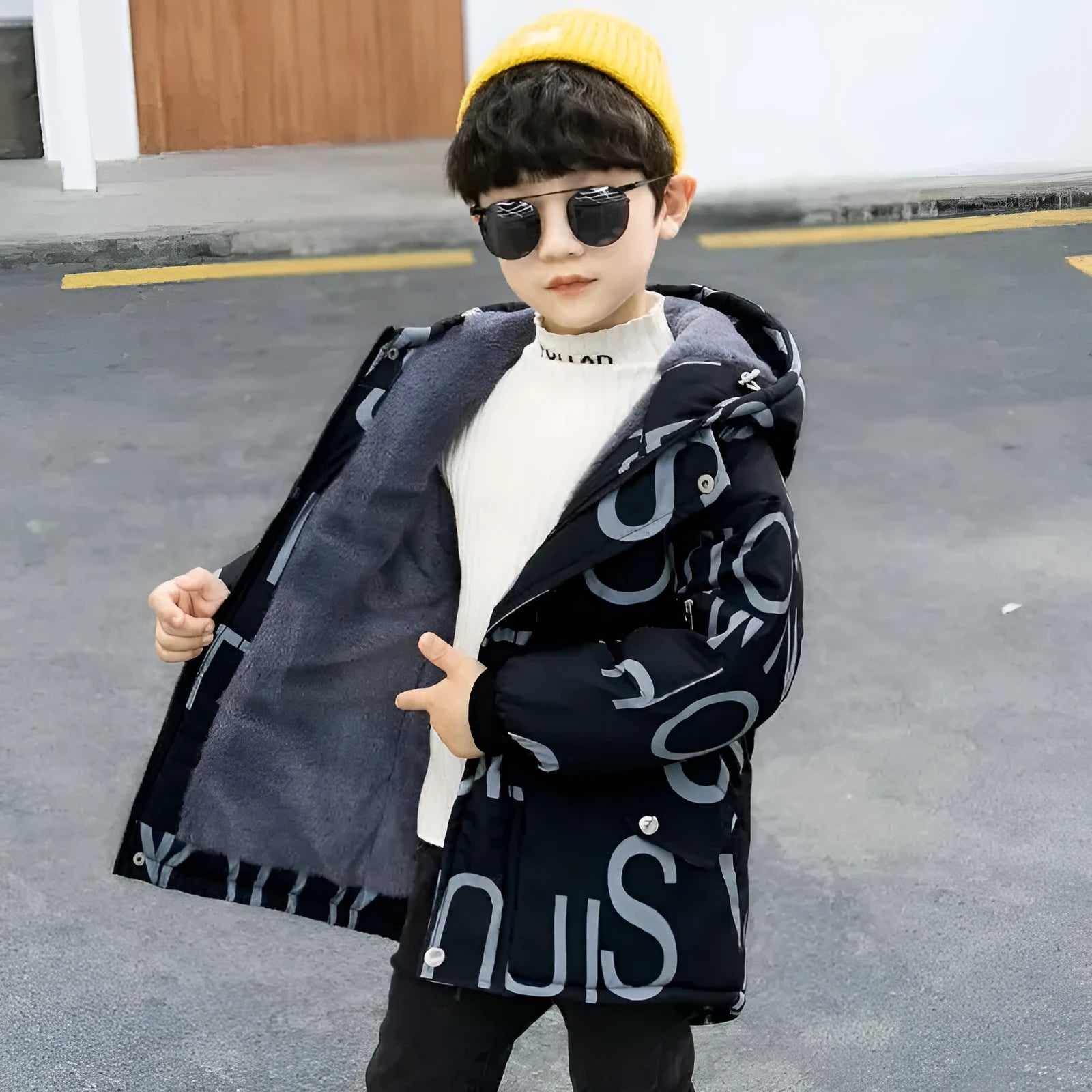 Children's thick padded Korean winter coat in beige with hood, zipper closure, and round collar for boys and girls