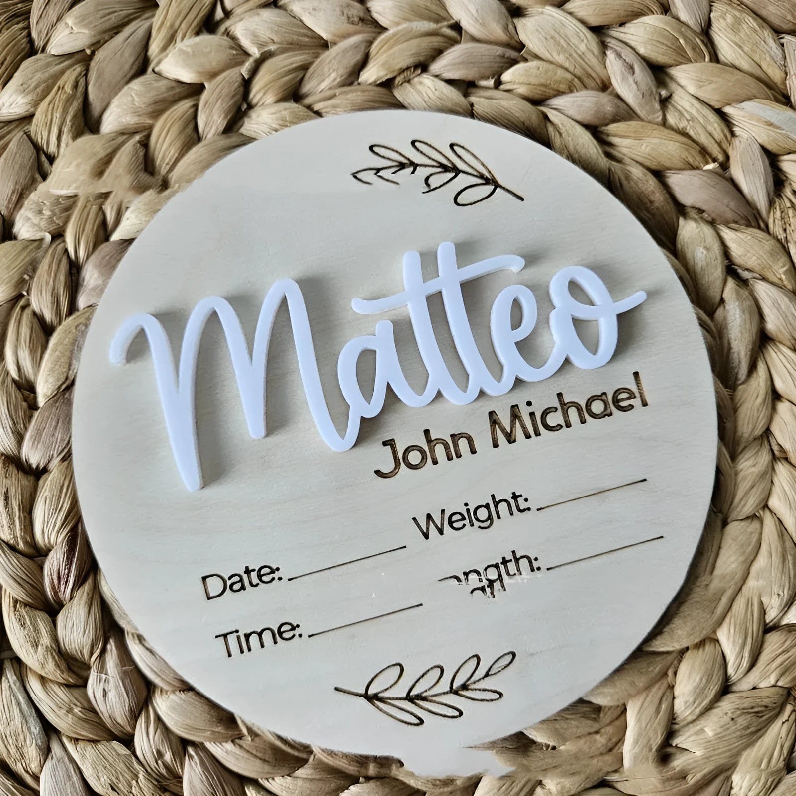 Square wooden baby name plaque with birth information display