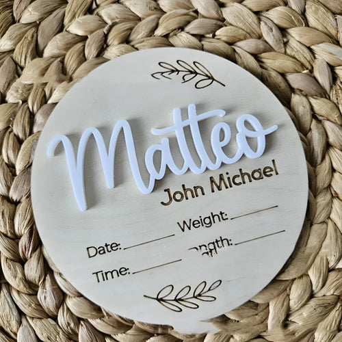 Square wooden baby name plaque with birth information display