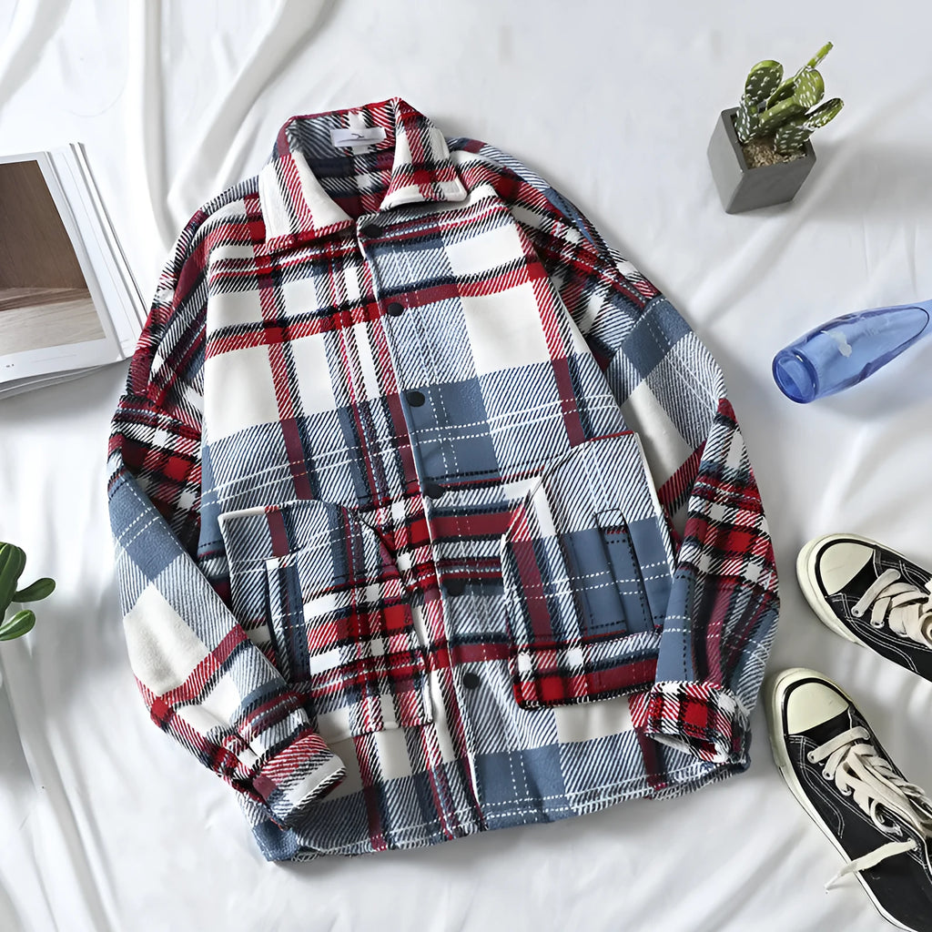 Men's autumn brushed plaid shirt in loose fit cardigan style, available in red colour