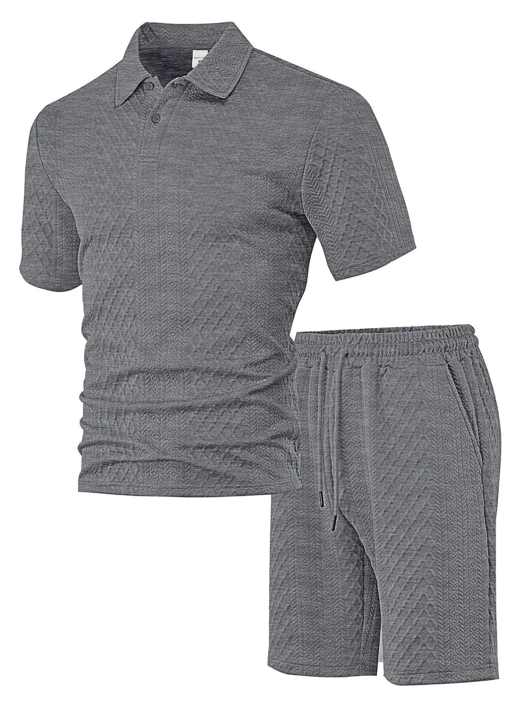 Men's patterned cloth short sleeve polo suit in light blue, shown with matching trousers.