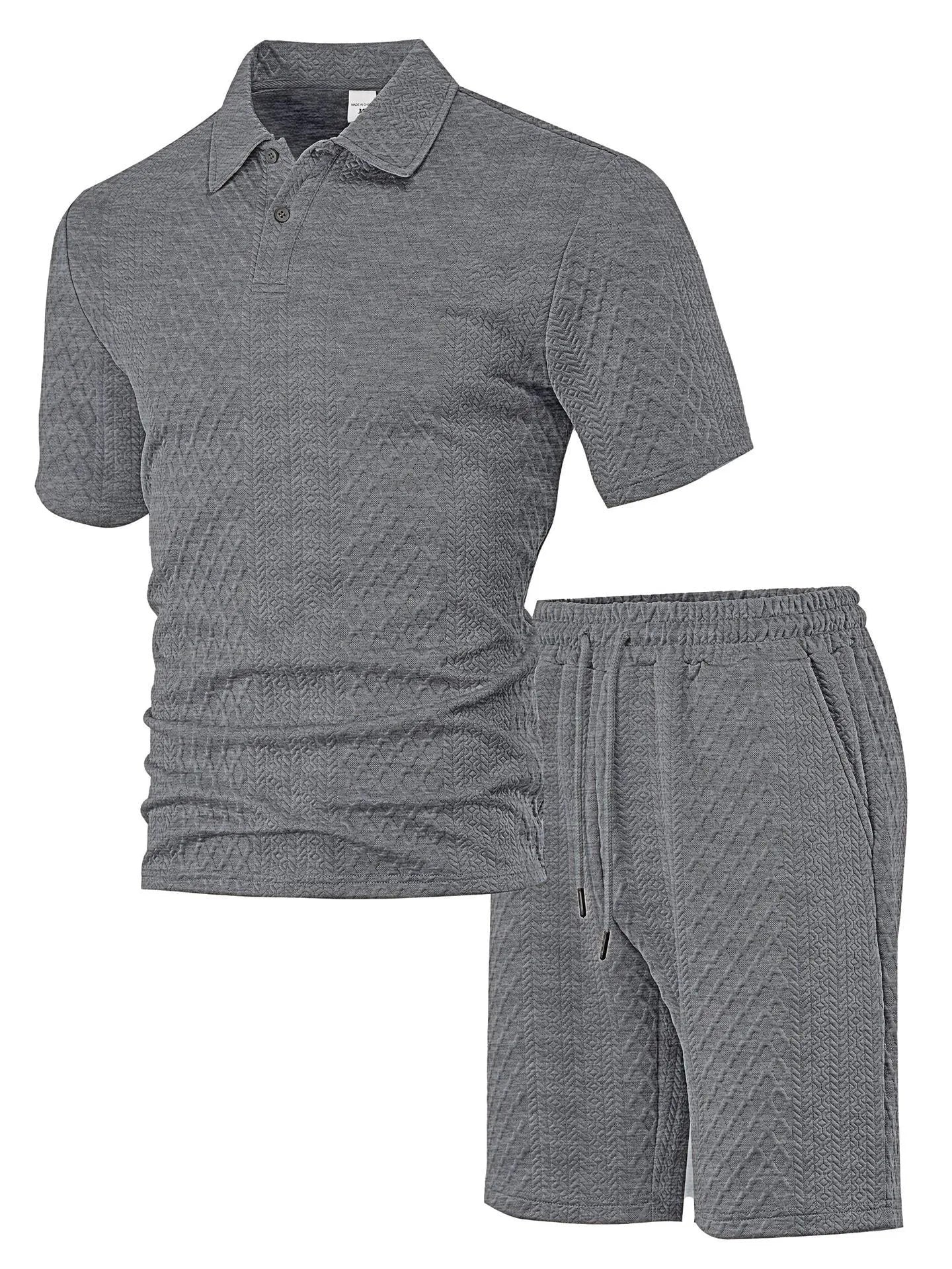 Men's patterned cloth short sleeve polo suit in light blue, shown with matching trousers.