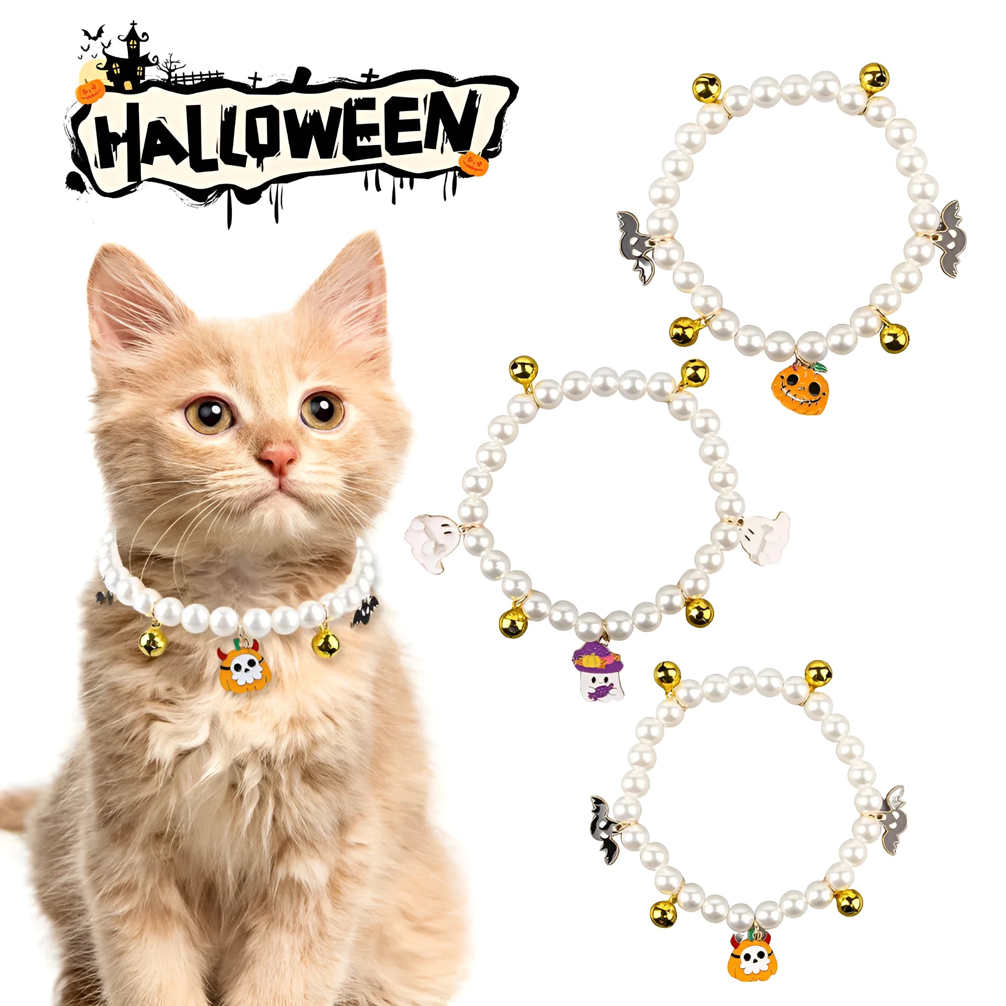 Halloween cat collar decoration with simulated pearls and pumpkin designs