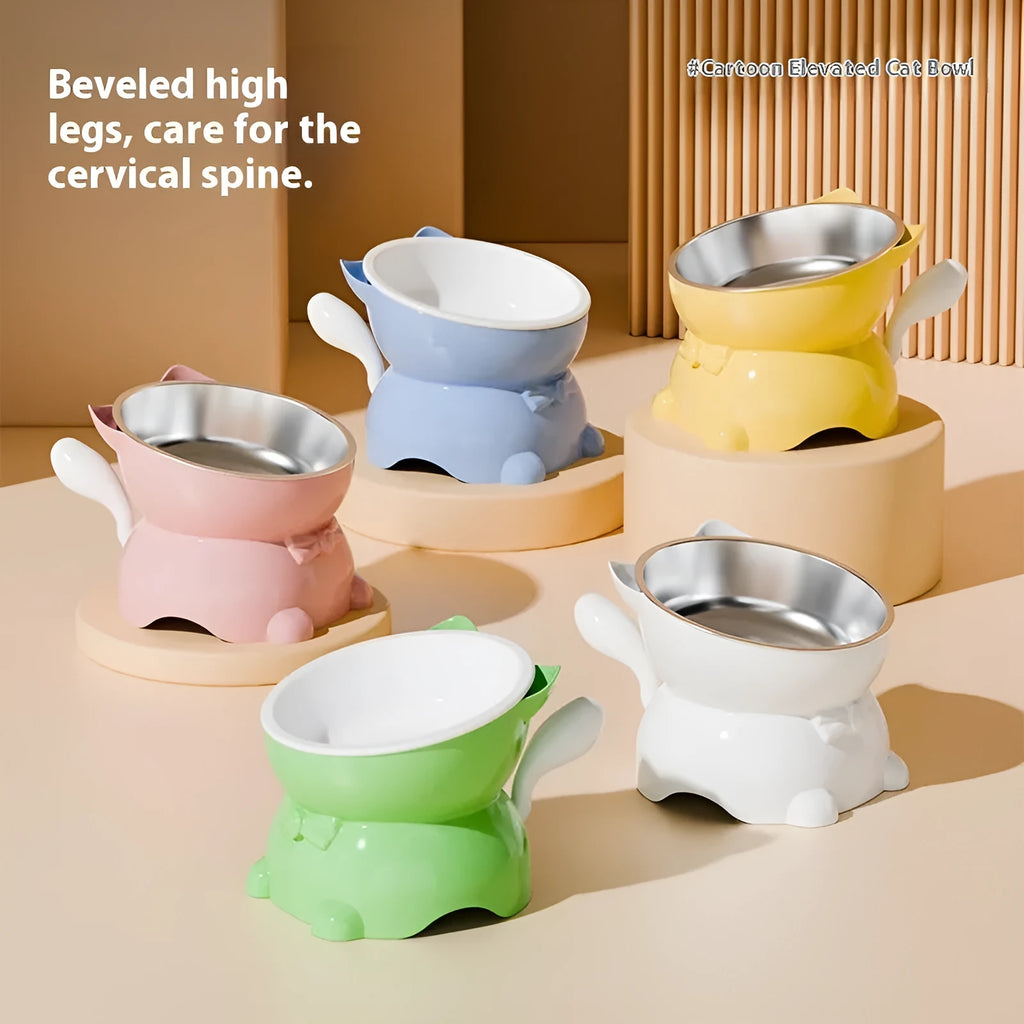 Oblique stainless steel cat bowl with a coloured silicone non-slip base.