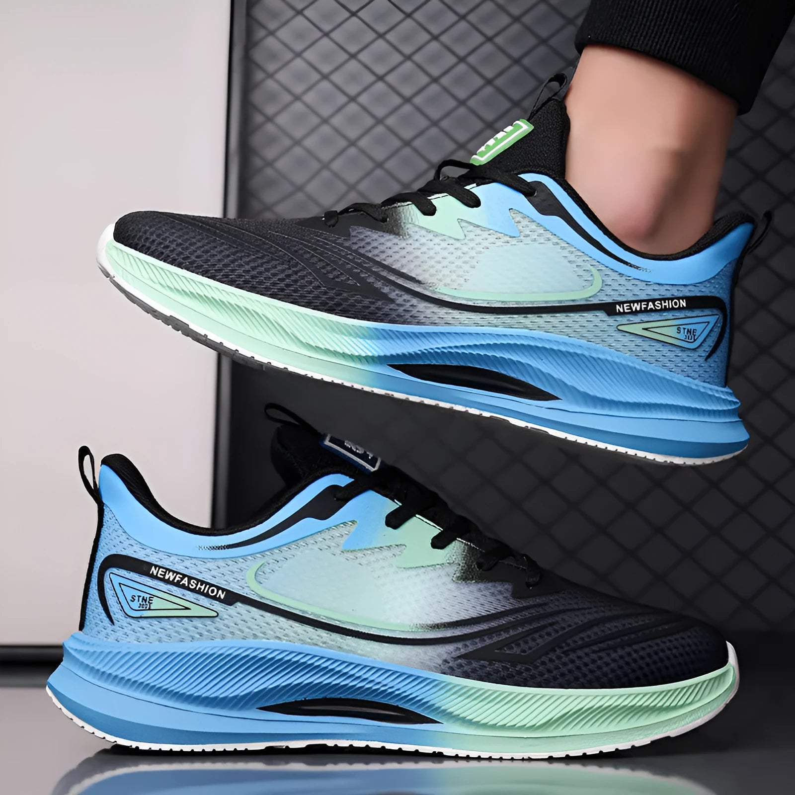 Men's casual mesh shoes in black, blue, and green colour options with round toe and rubber sole