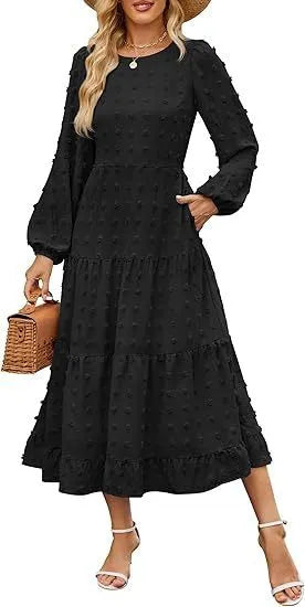 Women's long sleeve dress with high waist and ruffled sleeves in autumn colours