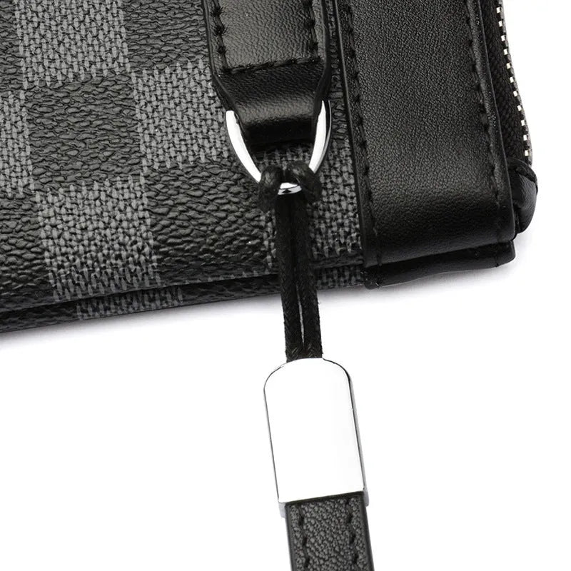 Black men's leather clutch wallet showing first layer cowhide construction and 20x10cm dimensions