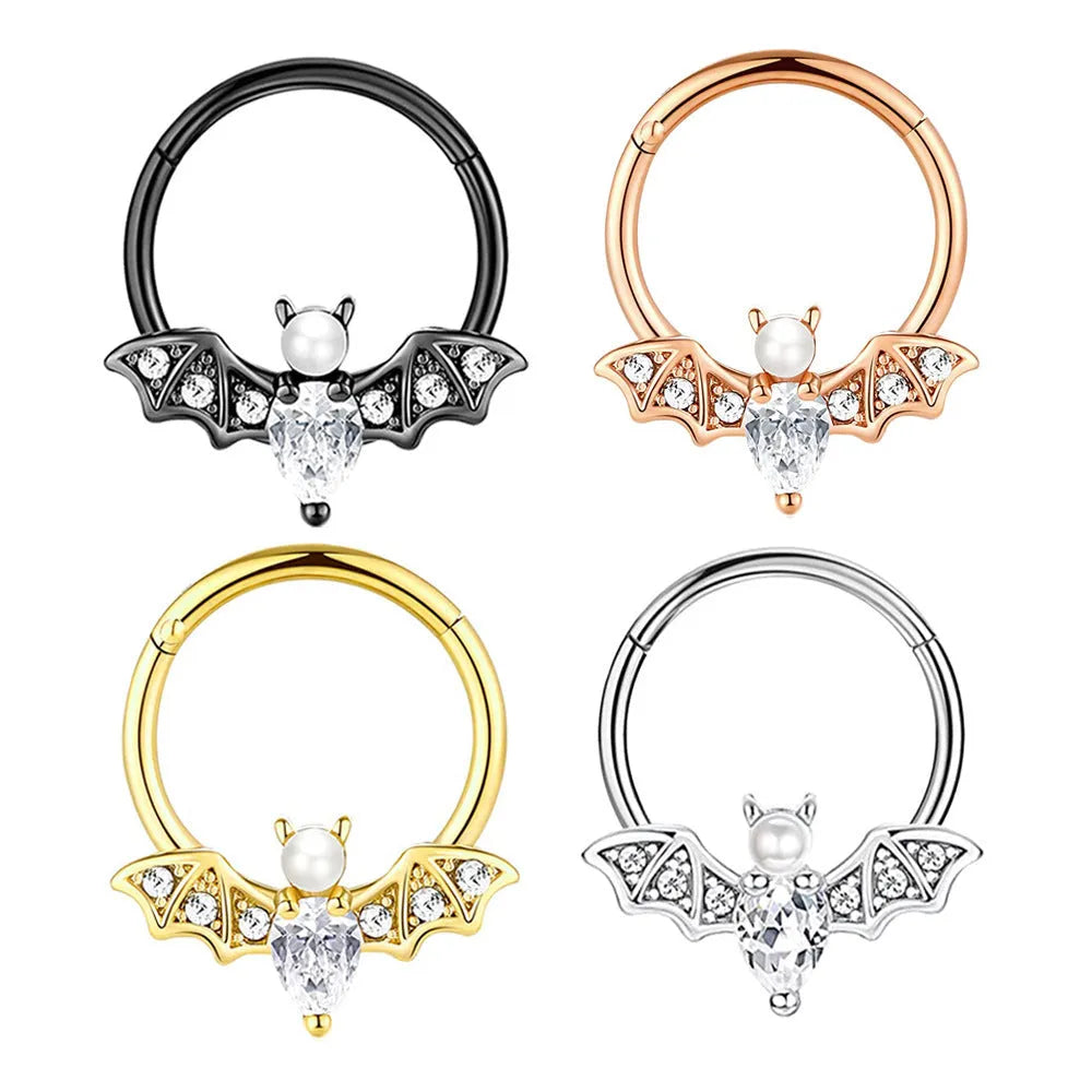 Closed-loop bat nose ring in stainless steel electroplated silver finish with star shape and moon elements