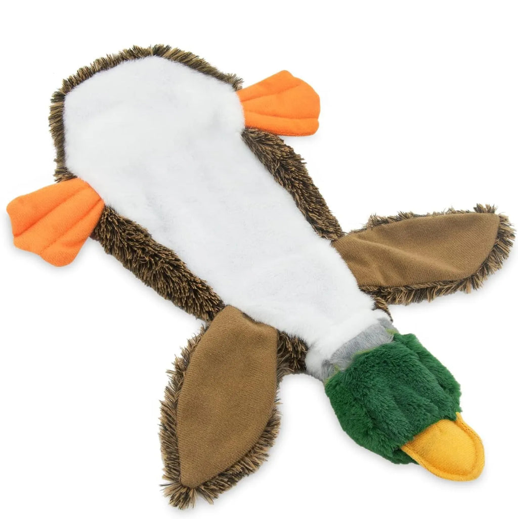 Green Wild Duck stuffless dog toy with squeakers, showing bottom fasteners for bottle insertion.