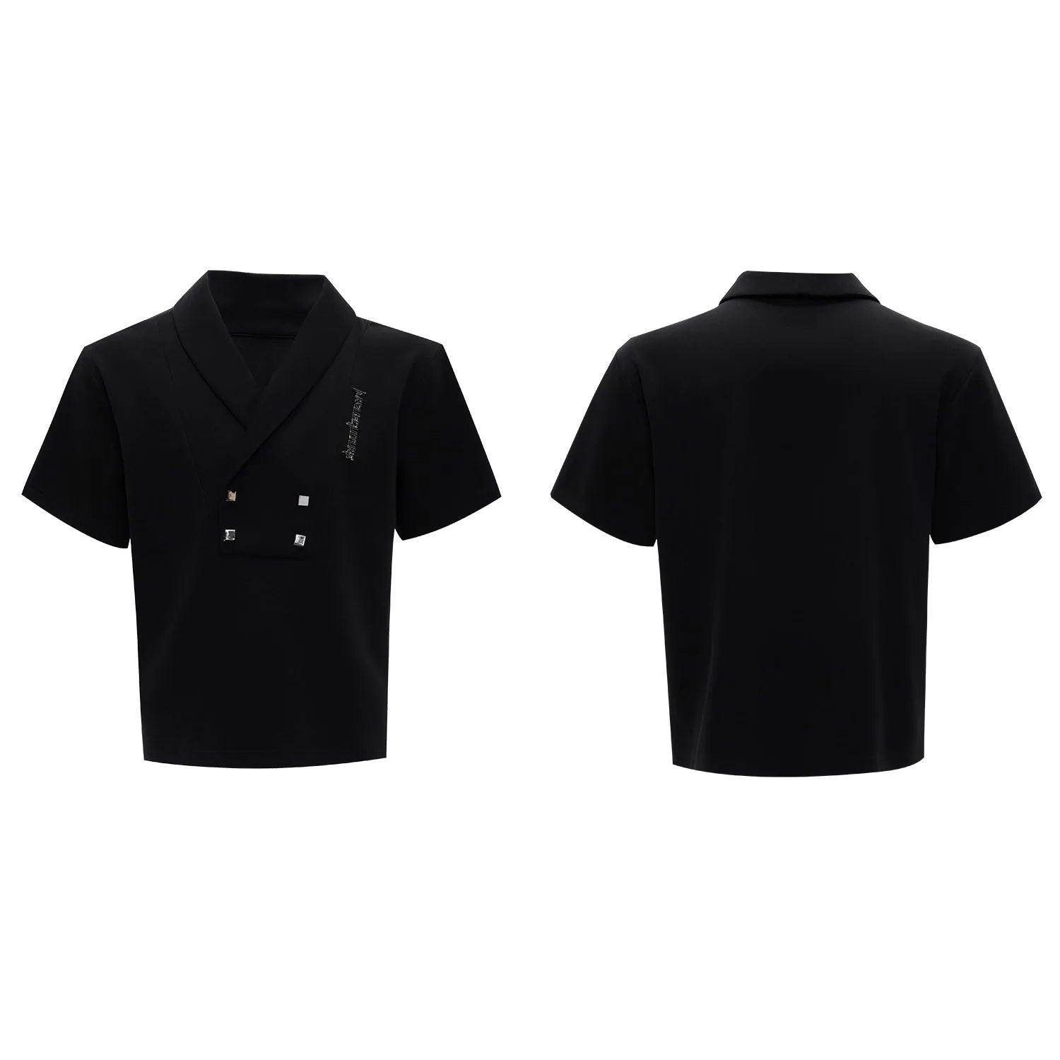 Men's dark grey cotton sports suit with metal embellishments, V-neck design, and padded shoulders