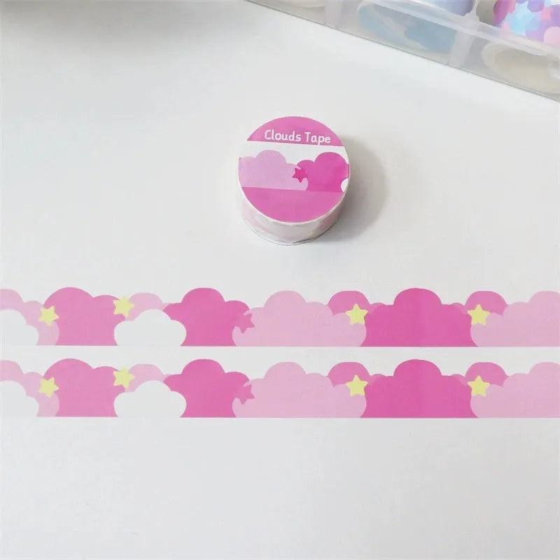 Roll of washi tape with stars and clouds border pattern, 24mm wide, in one of nine colour options