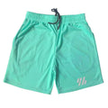 Men's loose black metal silk polyester sports shorts for running, laid flat.