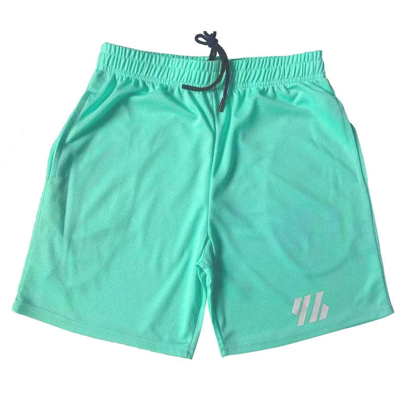 Men's loose black metal silk polyester sports shorts for running, laid flat.