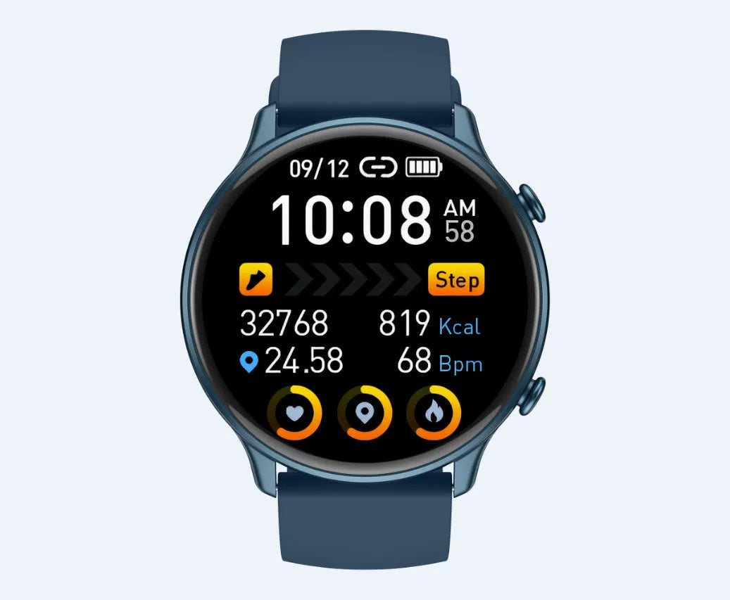 Round touch screen smart sports watch with silicone strap showing heart rate monitoring display