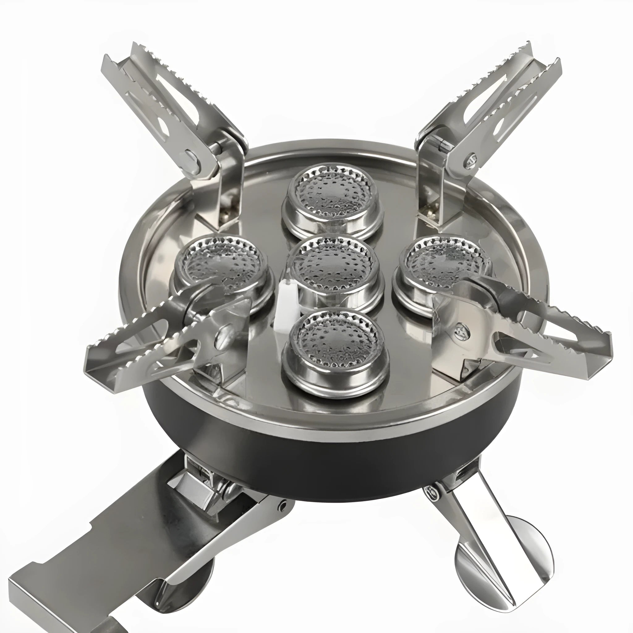 Silver portable split camping stove with stainless steel and copper construction, shown with 100cm hose.