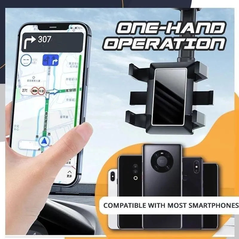 Black rearview mirror phone holder showing 360-degree rotation and telescopic arm extension