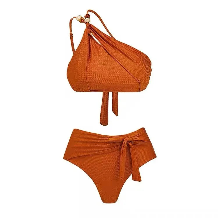 Brown high waist push up bikini swimsuit with a split chiffon dress detail for women