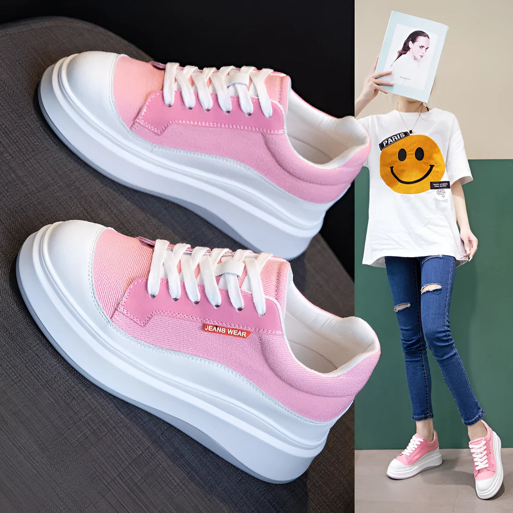 Women's beige leather board shoes with thick sole for height increase, showing cowhide leather upper and casual design