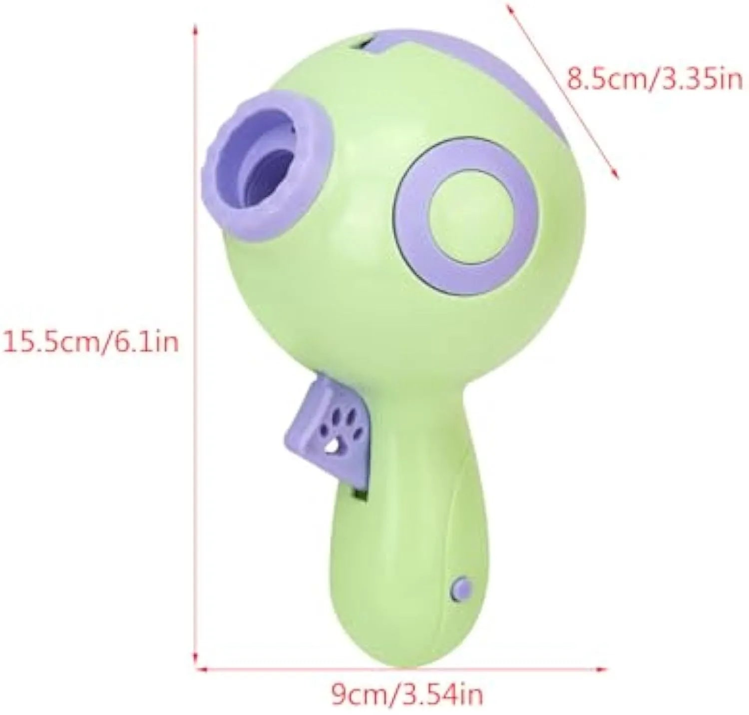 Green, orange, and pink dog treat launcher toy shown next to a measuring tape indicating 15.5 cm length.