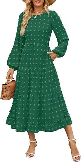 Women's long sleeve dress with high waist and ruffled sleeves in autumn colours