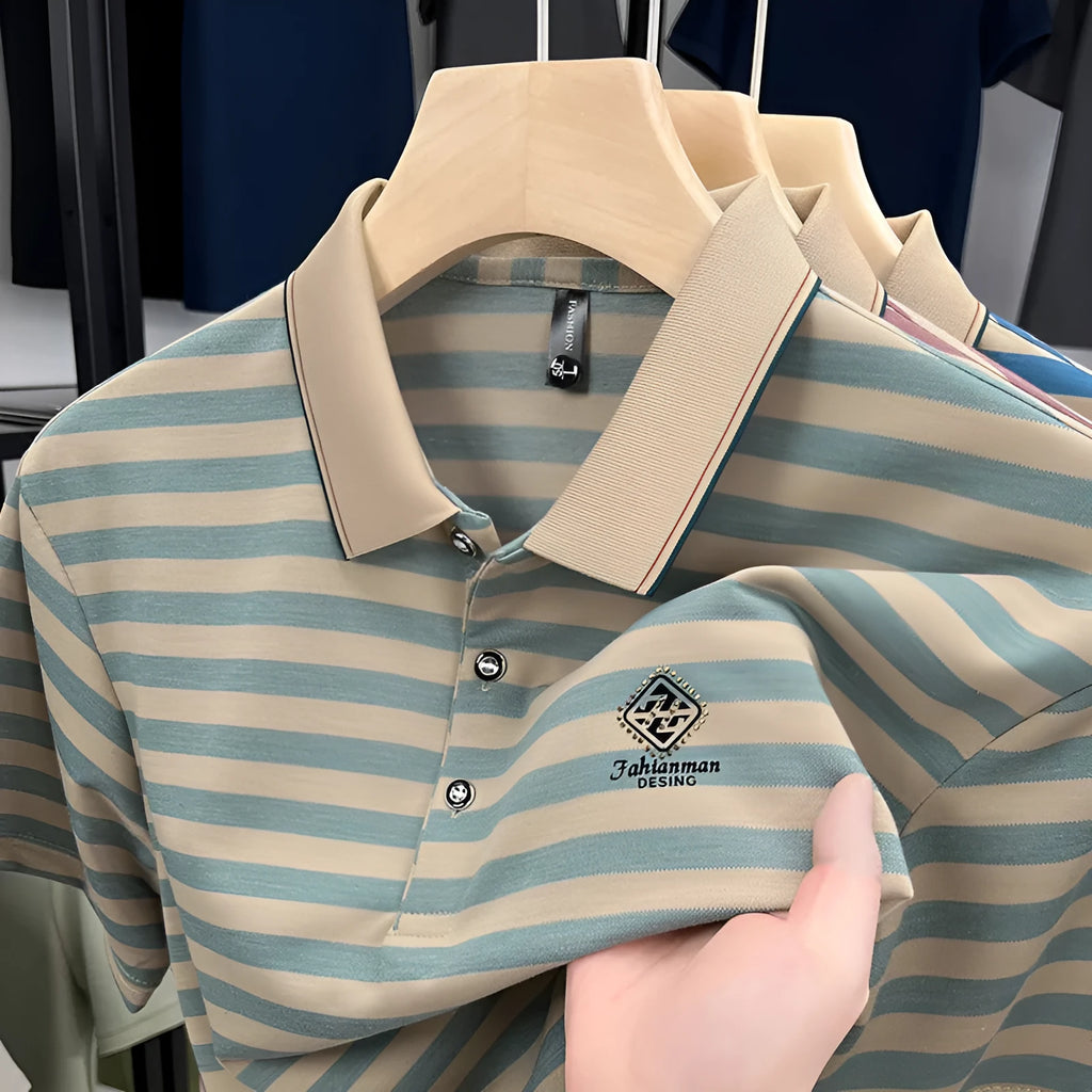 Men's striped short sleeve shirt with mosaic pattern in red, blue, or green colours