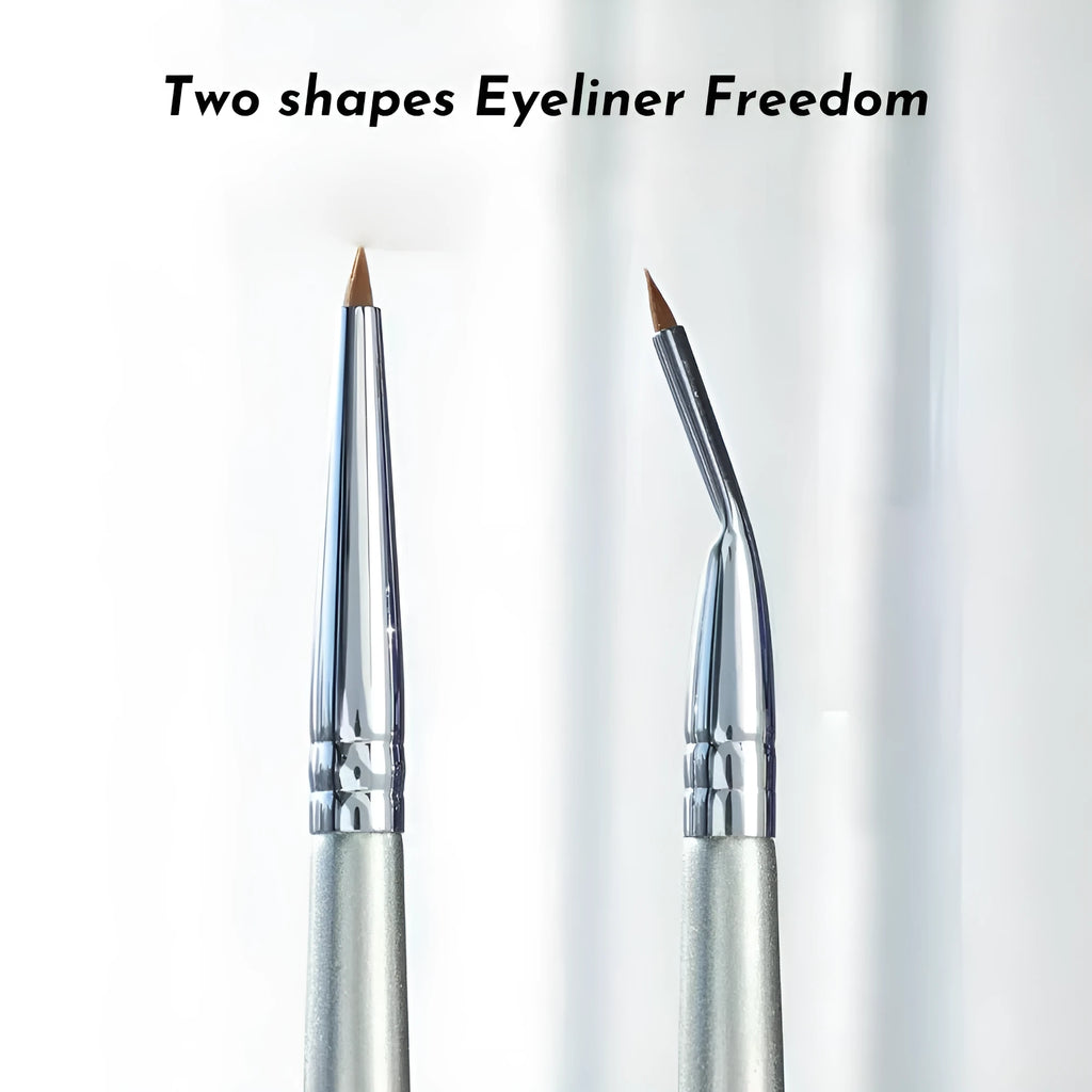 Close-up of a bent-head makeup brush with a fine, angled tip for eyeliner and detail work.