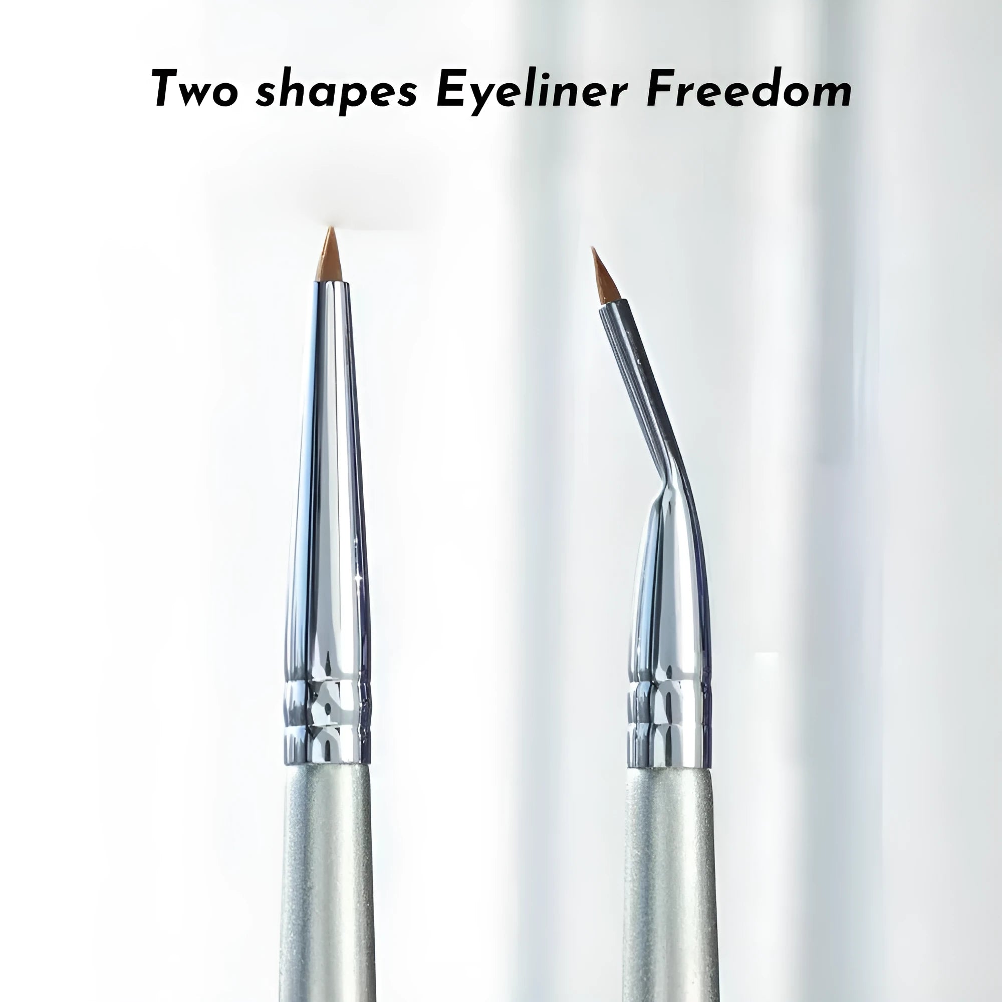 Close-up of a bent-head makeup brush with a fine, angled tip for eyeliner and detail work.