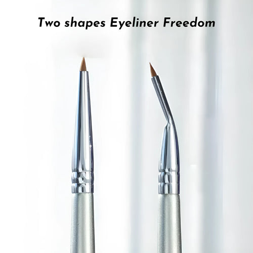 Close-up of a bent-head makeup brush with a fine, angled tip for eyeliner and detail work.
