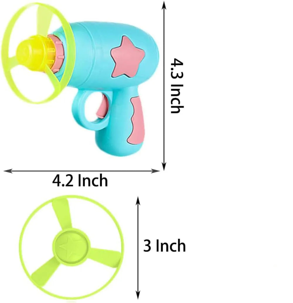 Blue plastic cat toy gun launcher with a mounted orange Frisbee, shown next to a second green Frisbee.