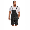 Men's dark blue ripped denim shorts with integrated suspender straps and straight-leg cut