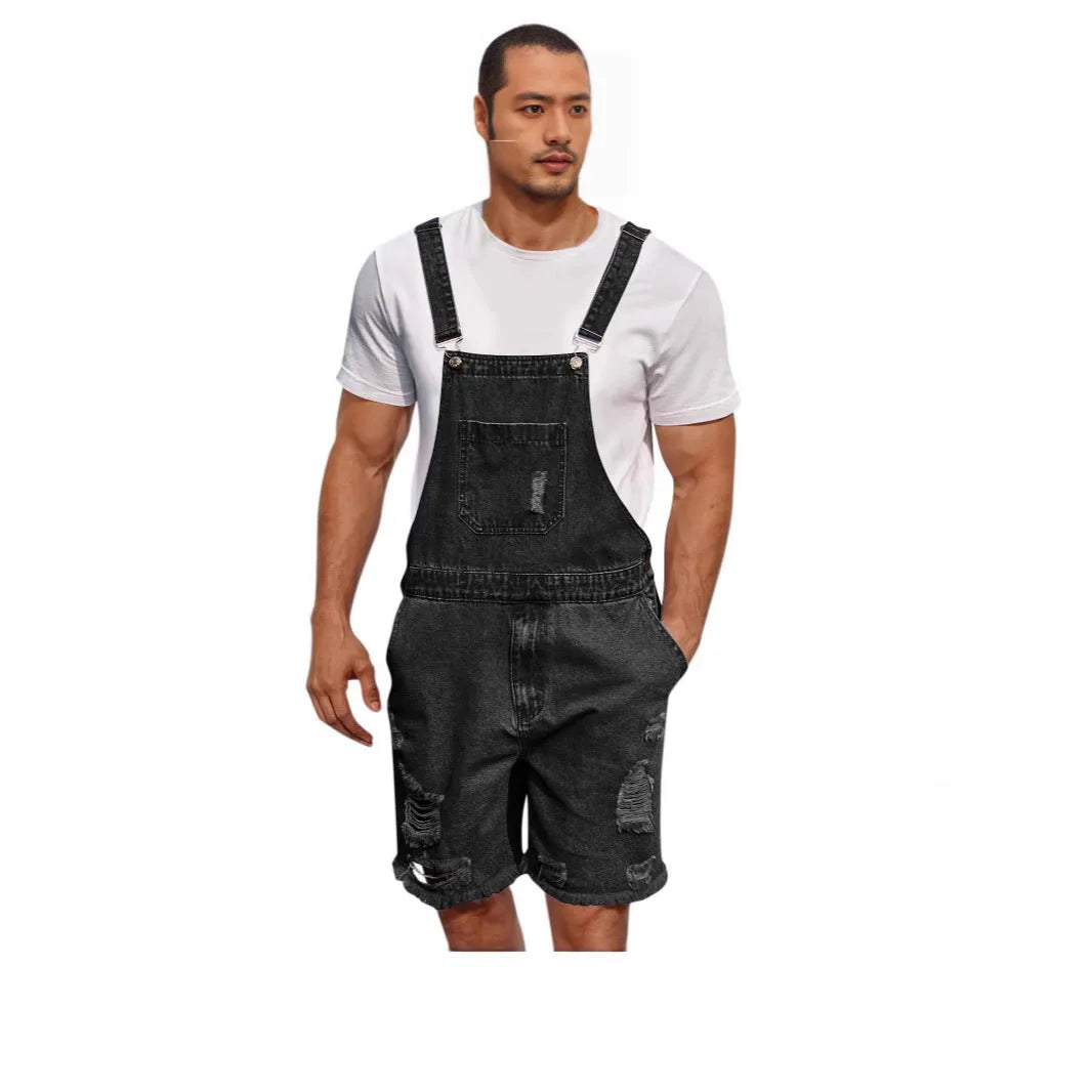 Men's dark blue ripped denim shorts with integrated suspender straps and straight-leg cut