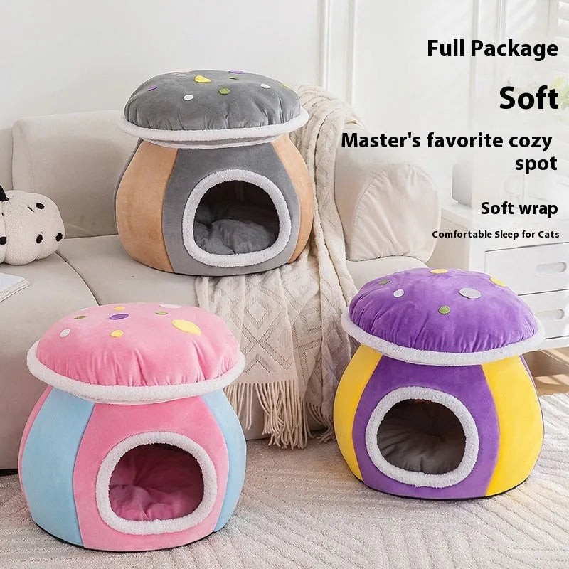 Grey mushroom-shaped plush cat bed nest for small pets on a white background.