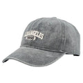 Retro-style personalised baseball cap with distressed letter embroidery on an adjustable strap, shown in beige colour.