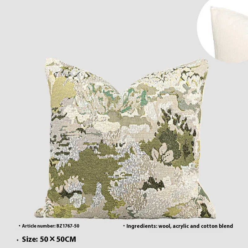 French antique style green wool blended cushion with abstract floral print in 50×50cm size