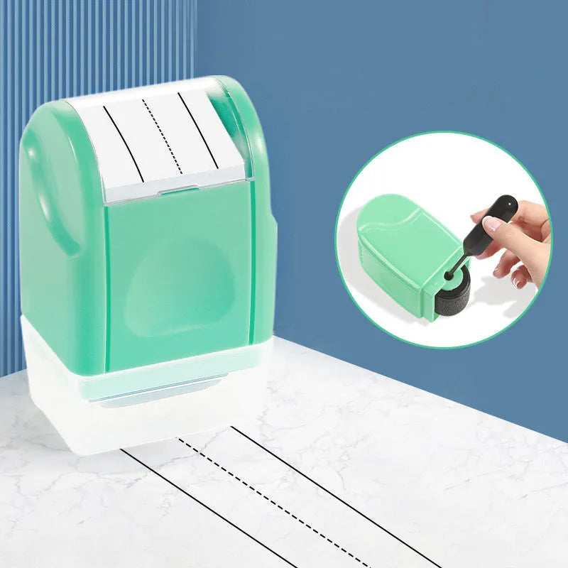 Rectangular plastic roller seal for stamping English lines, shown in multiple colour options.