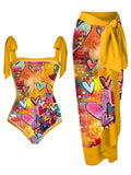 Women's floral print chiffon swimsuit with matching skirt for swimming