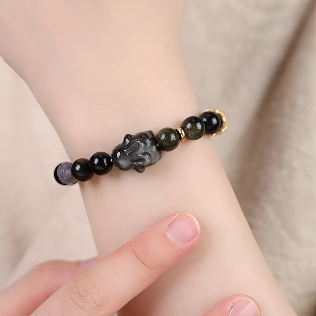 Handmade national style obsidian bracelet with lying rabbit charm in mixed metals and grey agate