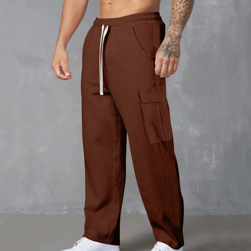 Men's corduroy cargo trousers in straight wide-leg design with drawstring waist