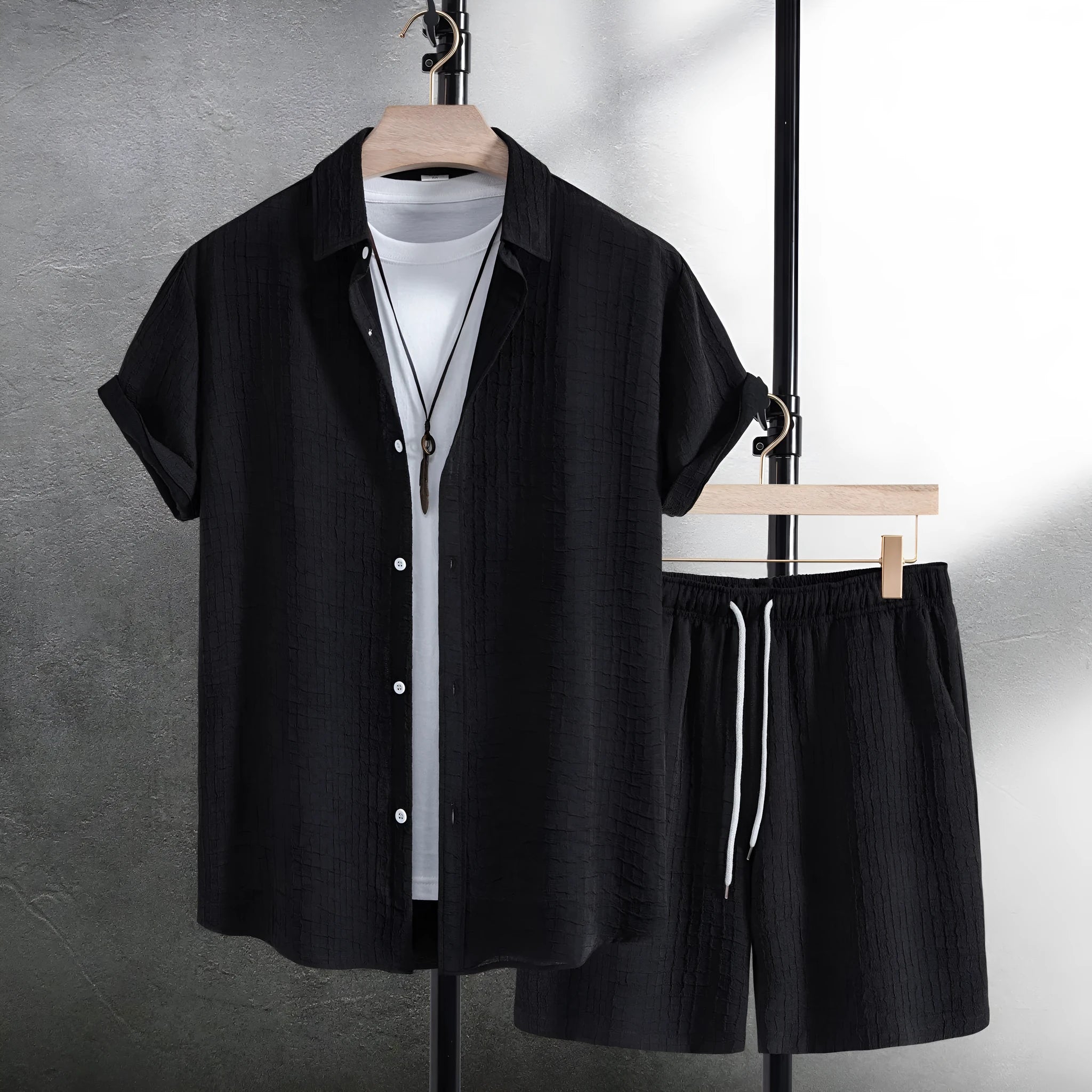 Men's white cotton blend short sleeve shirt and matching shorts casual set