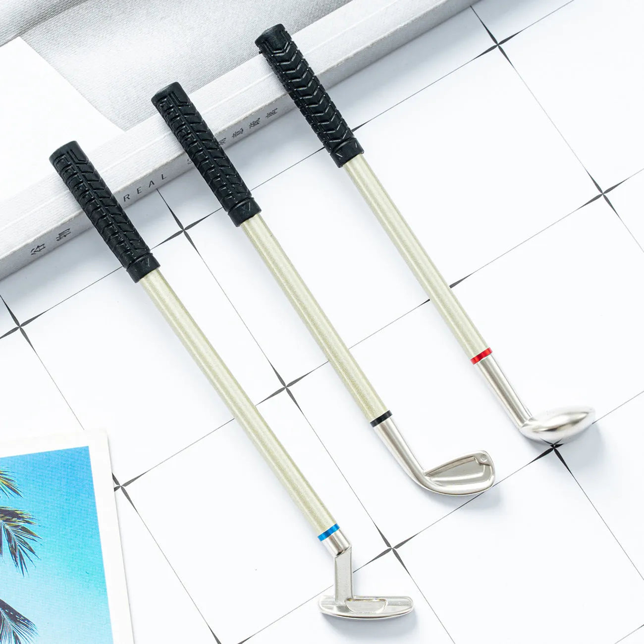 Three metal ballpoint pens with golf-themed suit design showing measurements of 18.5cm length