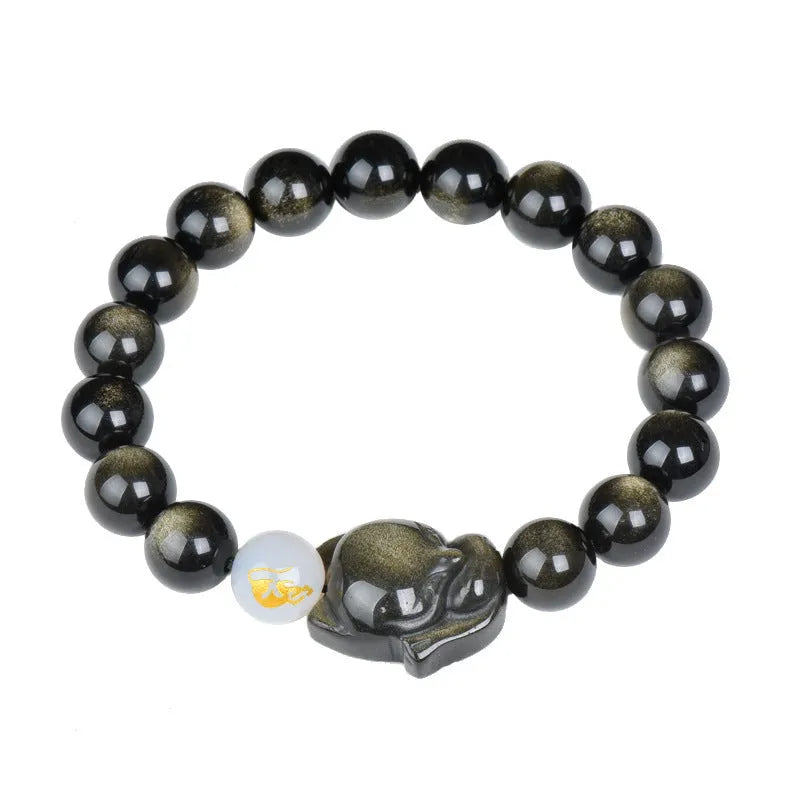 Natural obsidian zodiac bracelet in 10mm beads with national style design.