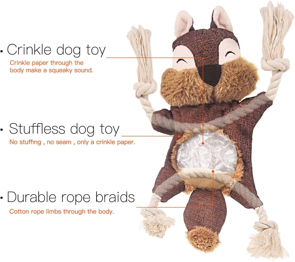 Brown plush fox dog toy with embroidered eyes, cotton rope arms and legs with knots.
