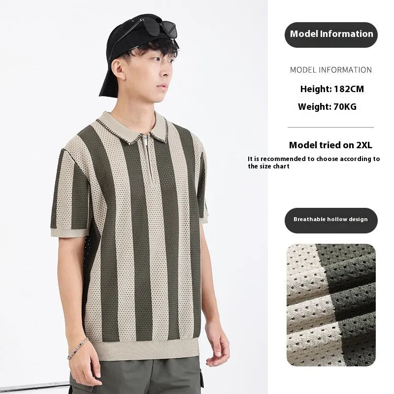 Men's striped ice silk short sleeve summer sweater with zip detail in multiple colour options