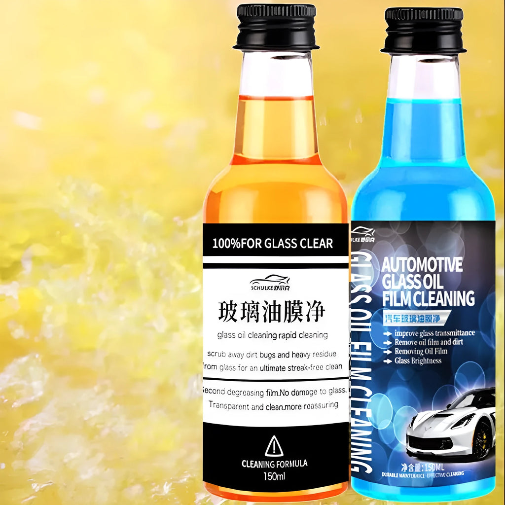 150ml bottle of car glass oil film remover cleaner with blue and yellow packaging options